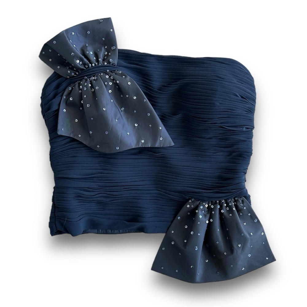 NWOT Carlo Pignatelli navy Blue silk sequin ruched corset bustier w/ sequin bow